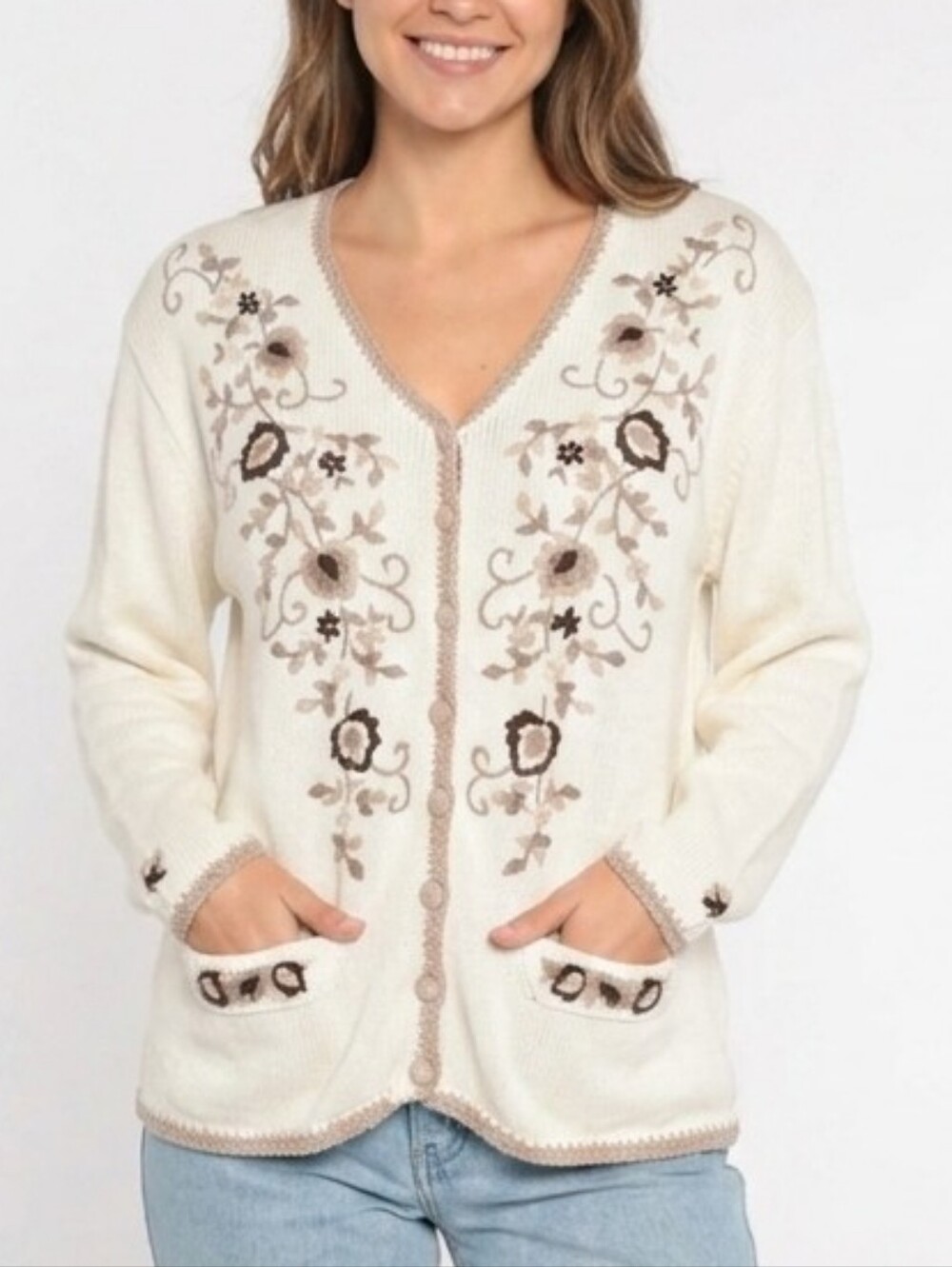 Vintage Jenny Ramie And Cotton Floral Embroidery Button Front Cardigan